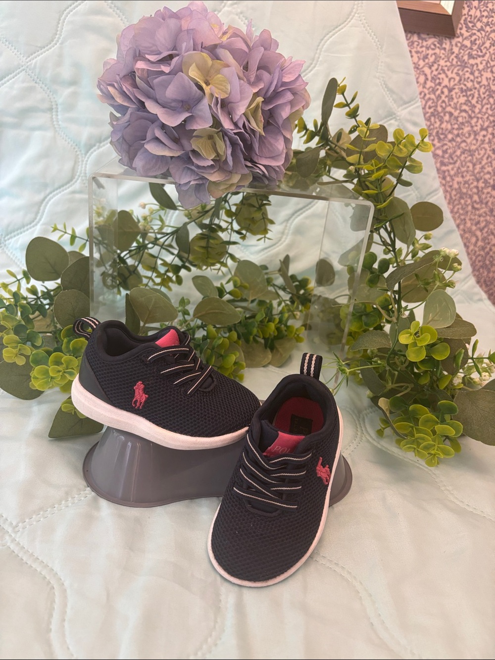 Ralph Lauren navy blue mesh Kids Sneakers with Pink Logo Accents